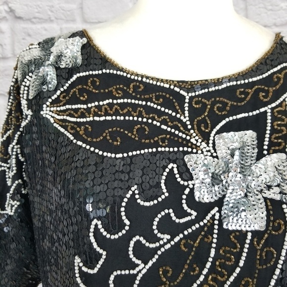 Joseph Le Bon vintage sequined beaded sparkle short sleeve top women's size M - Picture 3 of 8